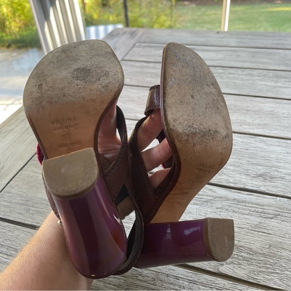 Prada Authentic Crochet Accent Brown & Purple Leather Heels Womens Size 37 - Picture 10 of 11